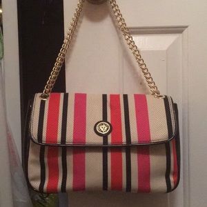 Orange, pink, cream, and black stripe purse
